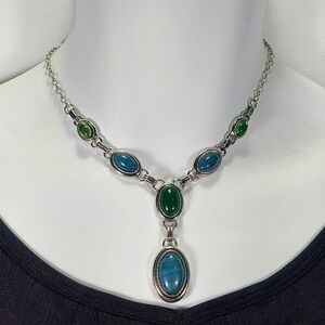 Vintage Silver Tone Oval Green Blue Cabochon Y Drop Necklace